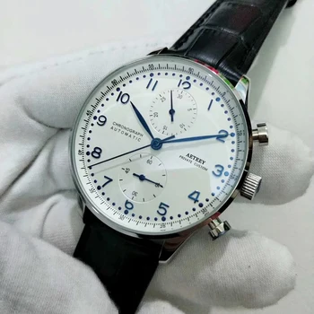 Luxusné pánske mechanické hodinky pilot Čiernym Koženým remienkom Bielej automatické Vytáčanie Modré Ruky muž náramkové hodinky