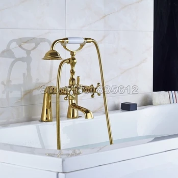 Luxusná Zlatá Farba Leštené Mosadzné Palube Namontované Kúpeľňa Vaňou, Sprchovacím Kútom Batérie, Sada + Prenosné Keramické Sprchové Wtf086