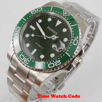 PARNIS 40 mm Automatické pánske Náramkové hodinky Zelené Dial Svietiace ručičky Zafírové sklo Dátum indikátor keramická fazeta náramok Mechanické