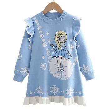 Nové detské Oblečenie Elsa Princezná Šaty Mrazené Zimné Oblečenie Dievčatá Pletený Sveter Pulóver Šaty Veľkosť 90-140