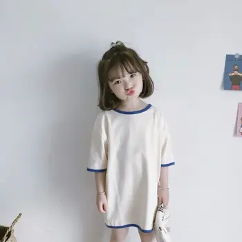 2021 Nové Letné kórejská Dievča Dieťa Osobné Farby Zodpovedajúce Raglan Bavlna Voľné Šaty shortSleeve T-shirt Dress