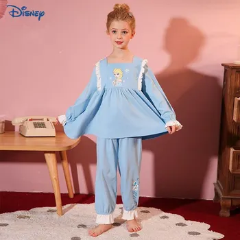 Disney Mrazené Princezná Elsa Baby Girl Pyžamo Set Top+Nohavice Dieťa Dlhý Rukáv Sleepwear Jeseň Detské Oblečenie Set Home Vyhovovali 2-14Y