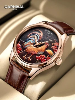 KARNEVAL Značky Zodiac Mechanické Hodinky Muži Móda Luxusné Sapphire Automatické Hodinky Hnedé Kožené Nepremokavé náramkové hodinky pre Mužov