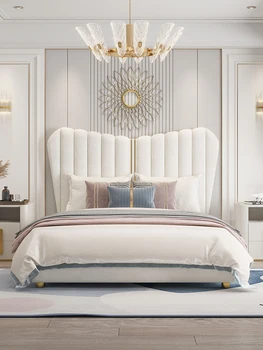 Americký luxusná posteľ moderné jednoduché kožené čalúnené posteľ krém farebné spálňa manželská posteľ