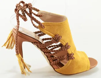 Nové Módne Ženy, Otvorené Prst Žltá Semiš Kožené Vysokým Podpätkom Gladiator Sandále Cut-out Lano Krajky-up Vysokým Podpätkom Sandále Šaty Topánky