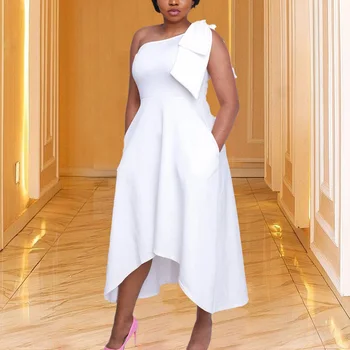 Elegantné Biele Šaty pre Ženy Jeden Ramenný Luk Dekorácie Vysoký v strede zúžený Asymetrický Polovici Teľa Sexy Večer Noc Party Šaty Nové