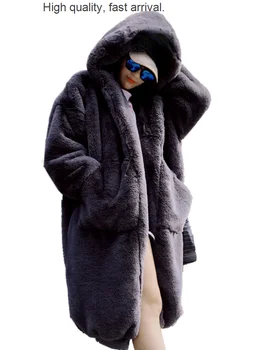 Kabát Zimný Plyšové Teplé Imitácia Kožušiny, Extra Dlhé Rex Králik Kožušinový Kabát Oblečenie pre Ženy