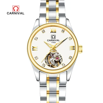 Karneval top značky luxusné hot autentické dámske hodinky automatické mechanické hodinky a duté z nerezovej ocele, vodotesné zlato