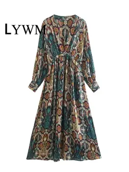 LYWM Ženy Móda Tlačené Skladaný Elastický Pás Midi Šaty Vintage tvaru Dlhé Rukávy Žena Lady Chic Šaty