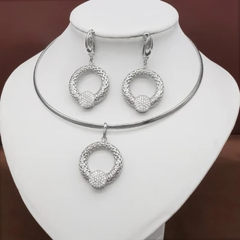 Kolo Drop Drahokamu Dlho Prívesok Crystal Silver Farba Náhrdelník & Náušnice Elegantné Svadobné Svadobné Šperky Set