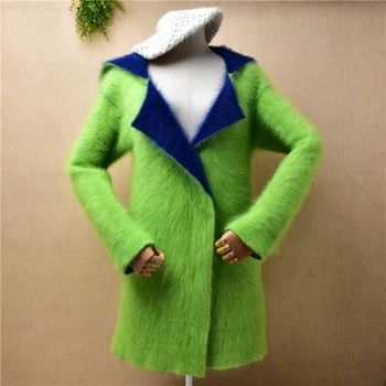 dámy ženy módy zelené, chlpaté farebné jesenné zimné oblečenie noriek cashmere vyhovovali golier slim cardigan angora kožušinový kabát, sveter