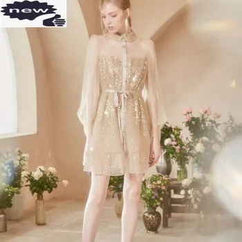 Autor Ženy Lete Zlaté Sequined Elegantné Dámy Strany Crystal Tlačidlá Čipky Dlhý Rukáv Transparentné Šaty