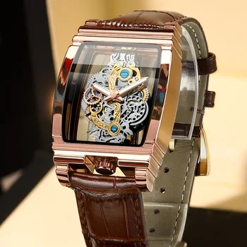 Nové barel typ pánske quartz hodinky námestie transparentné plný duté zotrvačníka nepremokavé kožené hodinky oceľové pásmo svetelný hodinky