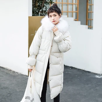 Zimné nové bavlnená bunda malé čerstvé dlho bavlna kabát s kapucňou veľké kožušiny golier zimná bunda ženy slim longsleeve vetrovka
