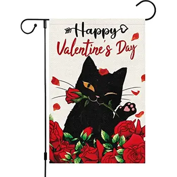 Happy Valentines Day Záhrada Vlajka Čierna Mačka a Ruže Kvetinový Vzor Obojstranný Dvore Vlajka 12x18 Palcový Záhrada Banner pre Dom