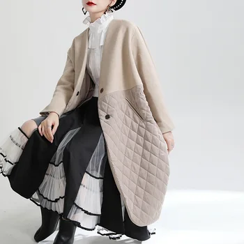 V zime Teplé Oblečenie, Ženy Ročník Výkopu Coats Jednoduché Voľné Dlho Prešívaný Kontrast Colorblock Šitie tvaru Kabáty a Bundy