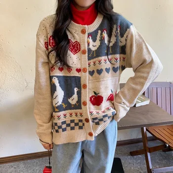 Zimné Oblečenie pre Ženy Japonský Mäkké Dievča Mori Žena Retro Detinské Káčatko Apple štítky na Jacquardove Pletené Bunda Cardigan Sveter