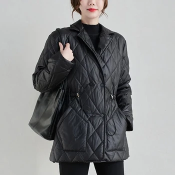 Ženy Bežné Prešívané Kabáty Nový Príchod 2021 Zimné Vintage Nadrozmerná Zase Dole Golier Žena Hrubé Teplé Čierne Bundy Outwear