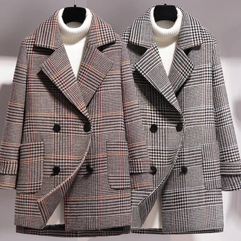 High-end Fashion dámske retro koberčeky vlnené kabát žena populárne jeseň a v zime Rovno Double-breasted Vlna & Zmesi kabát