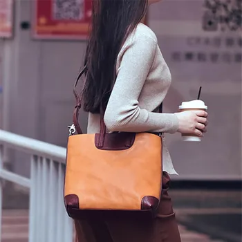 Retro móda top cowhide ozna dámy tote bag jednoduché, bežné vonkajšie ručné kontrastné farby ramenný messenger taška Ženy