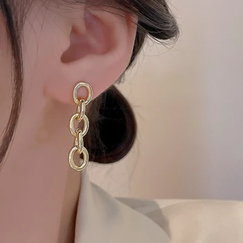VSnow Nadsázka Zlatá Farba Oválny Tvar Široký Reťazca Kovové Visieť Earings pre Ženy, Luxusné Dlhý Strapec Earings Šperky