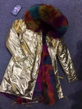 2018 Goldem umelej kože vetrovka multicolor umelú kožušinu linajkované dlhá bunda hreje s kožušiny golier