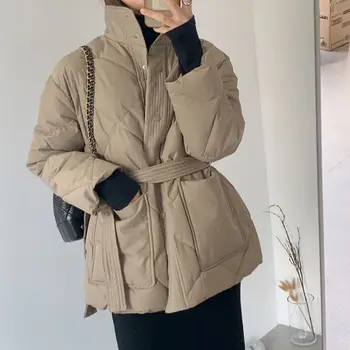 Argyle Turtleneck Čipky Pás Tlačidlá Vrecká Bavlna Kabát Ženy Zimné 2021 Nový Kórejský Elegantné Jednoduché Tuhé Bežné Ladies Bunda