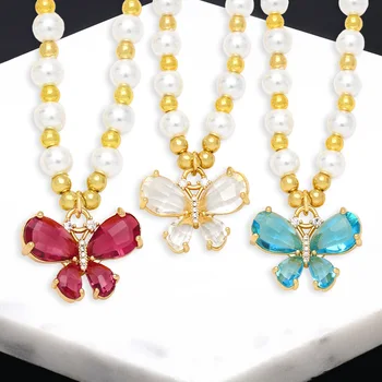 Robustný Biela Perla Perlové Náhrdelníky pre Ženy Medi CZ Kryštálmi Fuchsia Motýľ Náhrdelníky Pozlátené Jewelr Darčeky nkeb620