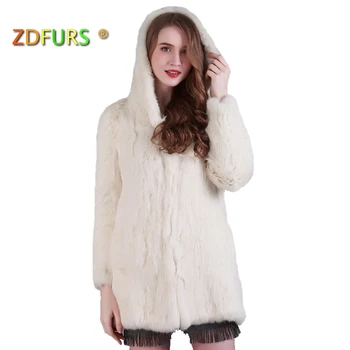 ZDFURS * Nové reálne ručne vyrobené pletené králik kožušinový kabát s kapucňou dlhé zimné štýl kožušiny vrchné oblečenie reálne teplejšie kožušinový kabát