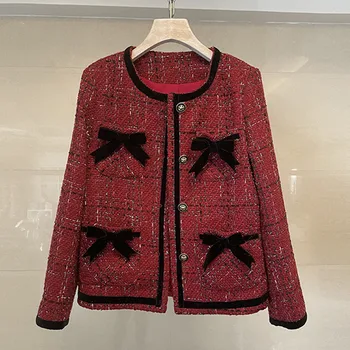 Čierna stuha Tweed Bundy Ženy Coats Singel svojim Vlnené Outwear Jeseň Zimný Prehoz Coats francúzsky Vrecká Luxusné Kancelárske k3344