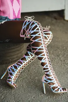 Letné Luxusné Morská Víla Gladiator Kolená Vysoké Sandále Lady Cut-Out Otvorené Prst Sandále Dlhé Topánky Dizajn Dráhy Večierok Topánky
