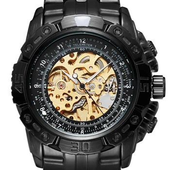 Luxusné Čierne Striebro Zlato Automatické Mechanické Hodinky Mužov Plný Oceľový Skelet Náramkové hodinky Muž Veľké Dial Business relogio masculino