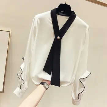 Farby zodpovedajúce tvaru čipky šifón tričko dámske dlhé rukávy jar a na jeseň nový kórejský štýl módny dizajn bežné tričko
