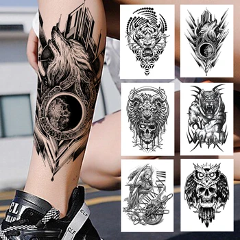 Čierny Vlk Demon Dočasné Tetovanie Pre Mužov, Ženy, Dospelých Dieťa Falošné Sova Kostra Tetovanie Nálepky Bojovník Tiger Telo Kreslenie Tetovanie Nohu
