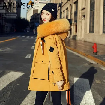 Biela Kačica Nadol Bunda Ženy Oblečenie 2020 Zimný Kabát Ženy kórejský Fox Kožušiny Golier Puffer Bunda Ženy Teplá Vetrovka 19D98802 YY2112