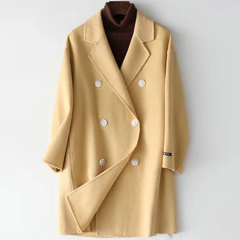 2020 Hot Predaj Žltá 100% Vlna Zime Teplé Kabáty Dlho Ženy Office Lady Dvojité Breasted Veľké Tlačidlo Ružová Zvrchníky Bundy