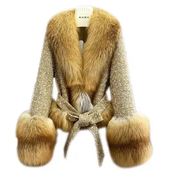 2022 Fox Kožušiny Golier Kožušiny Bunda Ženy Pridať Bavlna Pás Krátke Vlnené Vrchné Oblečenie Zimné Nové Módne Kožušiny Kabát Vlnené Kabát Žena