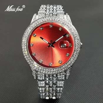 MISSFOX Hip Hop Diamant hodinky pre ženy, Luxusné Módne Červená Dial Quartz Hodinky Vintage Ľadový Sa Veľká Veľkosť Relogio Feminino 2021 Nové