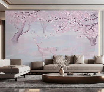 Vlastné 3d nástenná maľba Ružová jeleň lesný pozadí stene Obývacej izby, Spálne, dekoratívne maľby abstraktných de porovnanie tapety domova