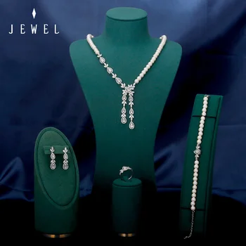 JEWEL Luxusné Nevesta Pearl Kubický Zirkón Šperky pre Ženy kórejský Temperament Krátke kľúčnu kosť Náušnice Náhrdelník Nastaviť