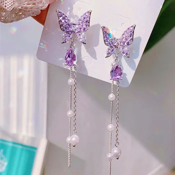 Móda Motýľ nový štýl Strapec Drop Náušnice Pre Ženy Trendy Lesklé Perly Visieť Náušnice kórejský Šperky Dievčatá Strana