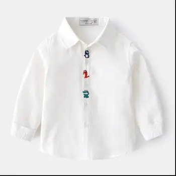 Chlapčenské tričko s dlhým rukávom 2021 jar a na jeseň nový detí Dinosaura biela tričko detské areály tričko