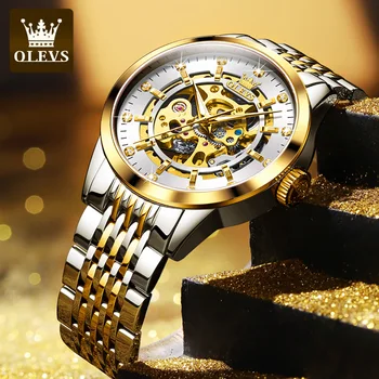 OLEVS Značky Mužov Luxusné Kostra Zlaté Hodinky pánske náramkové hodinky Mechanické Automatické Muž Strane Náramky Na Hodinky Milenca reloj