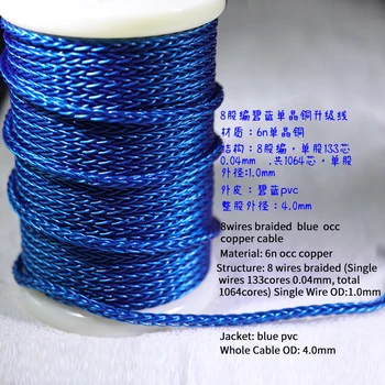 8 prameňov pletená modrá monokryštálov medi upgrade kábel DIY. Slúchadlový kábel OD: 4.0 MM