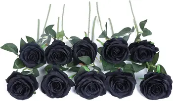 10 KS Halloween Čierna Kvet, Umelé Ruže, Kvety, Realistické Kvet Ruže, Skutočný Dotyk Hodvábne Rose, Jeden Kvet Dlhý Stonku