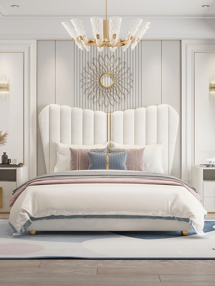 Americký luxusná posteľ moderné jednoduché kožené čalúnené posteľ krém farebné spálňa manželská posteľ Obrázok 0