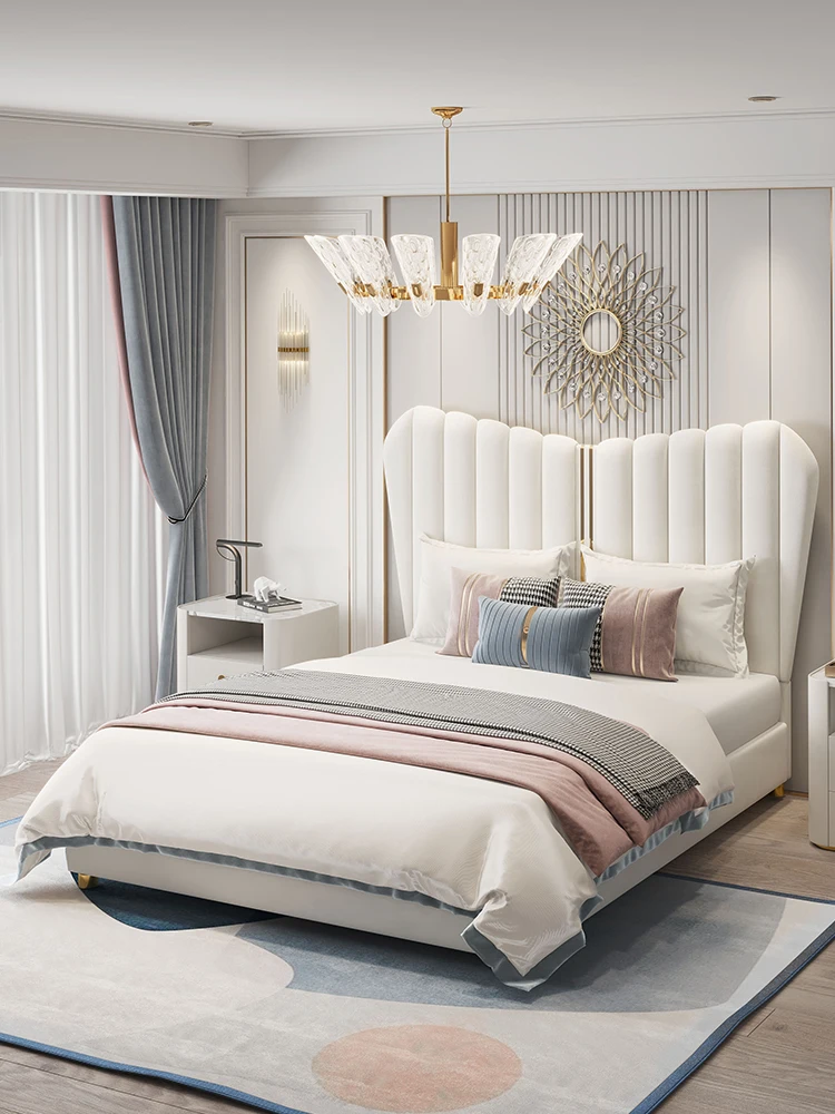 Americký luxusná posteľ moderné jednoduché kožené čalúnené posteľ krém farebné spálňa manželská posteľ Obrázok 1