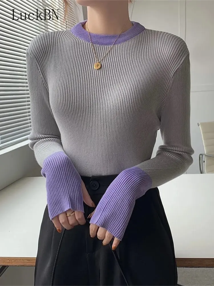 Jeseň Zima O Krk Colorblock Pletené Oblečenie pre Ženy Svetre 2022 Nové Dlhý Rukáv Klesnutie Pevné Sveter Žena Slim Topy Obrázok 0