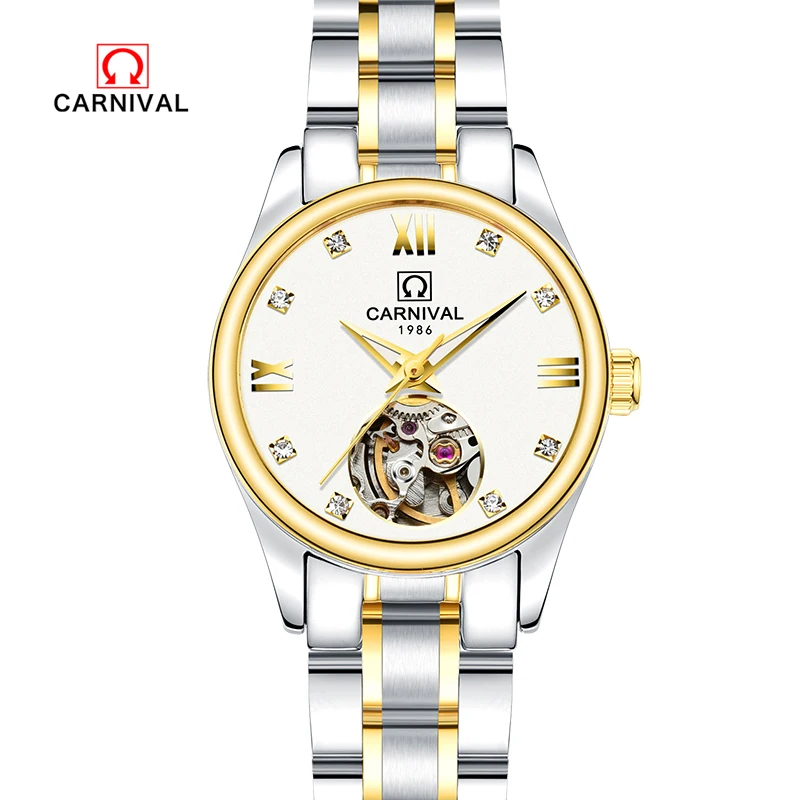 Karneval top značky luxusné hot autentické dámske hodinky automatické mechanické hodinky a duté z nerezovej ocele, vodotesné zlato Obrázok 0