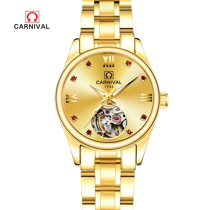 Karneval top značky luxusné hot autentické dámske hodinky automatické mechanické hodinky a duté z nerezovej ocele, vodotesné zlato Obrázok 1
